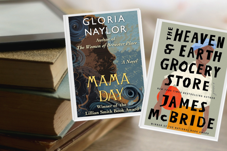 illustration of two book covers (The Heaven and Earth Grocery Store by James McBride and Mama Day by Gloria Naylor) in front of a photo of a stack of books and an e-reader