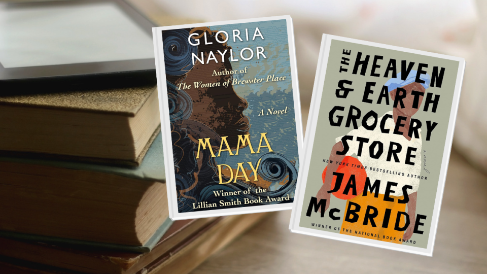 illustration of two book covers (The Heaven and Earth Grocery Store by James McBride and Mama Day by Gloria Naylor) in front of a photo of a stack of books and an e-reader