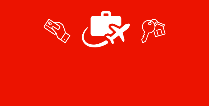 icons of hand with credit card, suitcase with airplane, and house with key